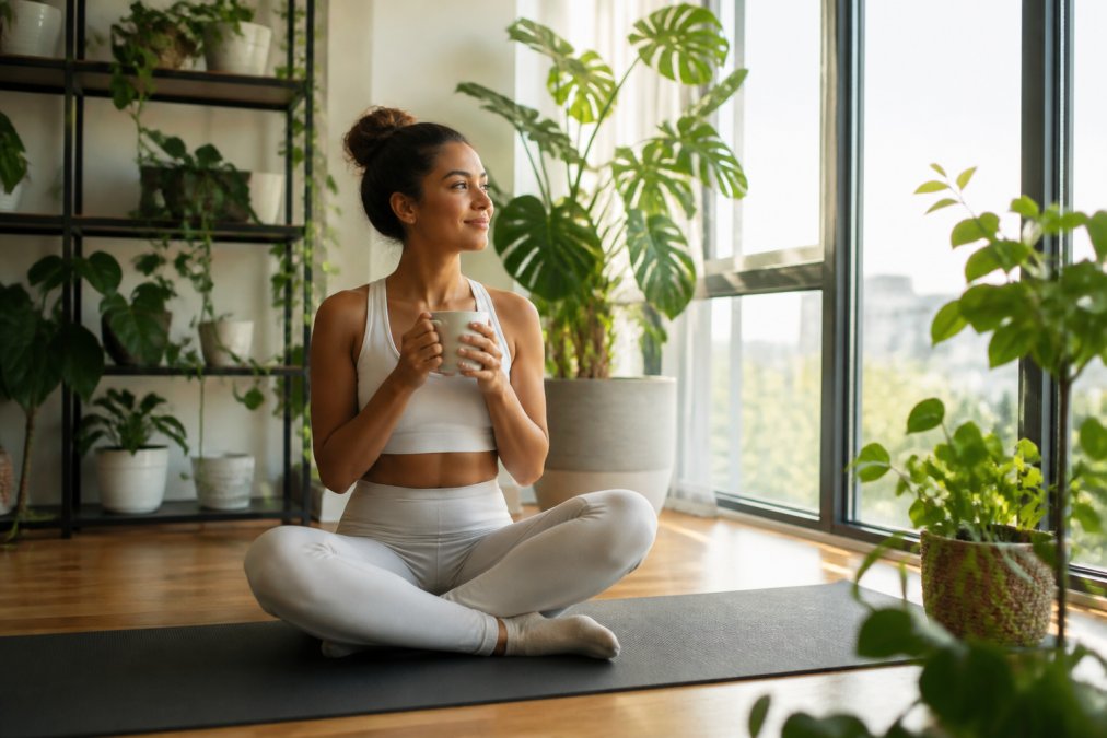 A woman in light workout clothes sitting cross-legged on a yoga mat, holding a ceramic mug with both hands, looking relaxed and calm in a bright room filled with potted plants, morning light coming through large windows