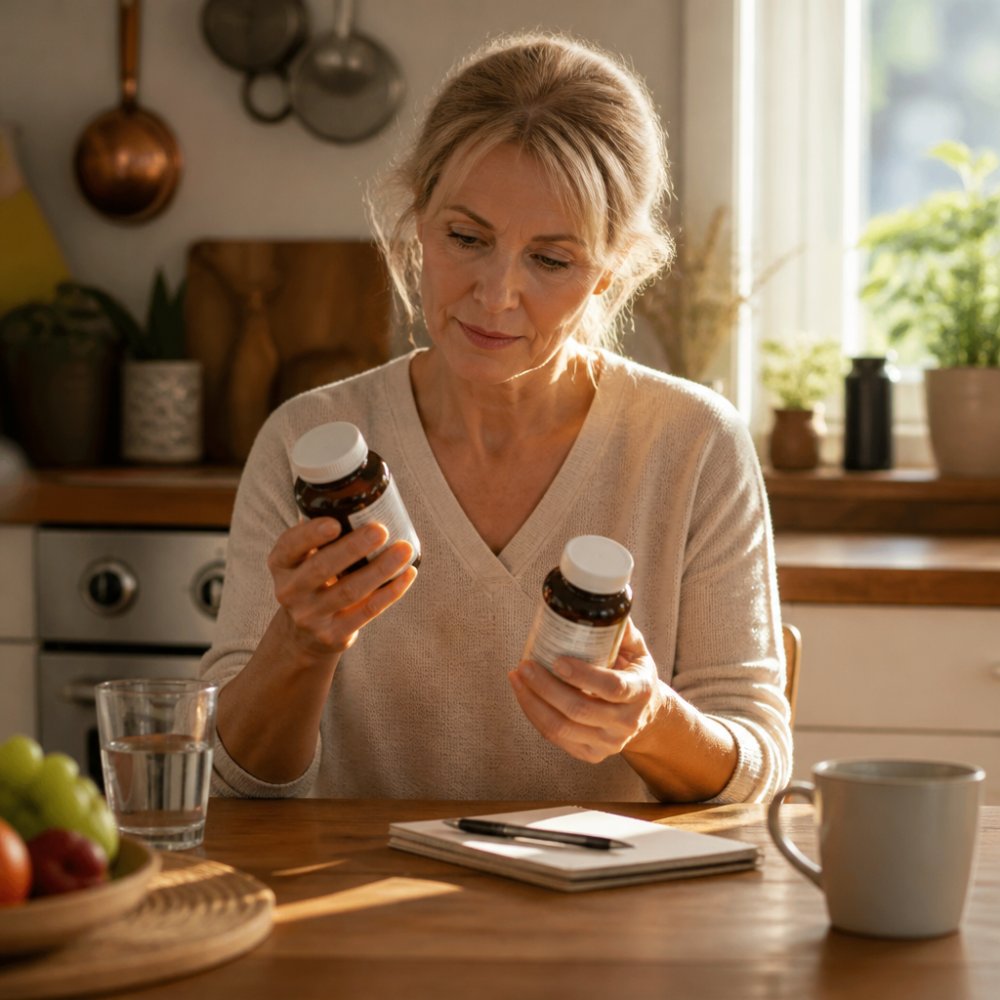 A woman in her late forties sitting at a kitchen table with two supplement bottles in front of her, reading the labels thoughtfully in soft morning light