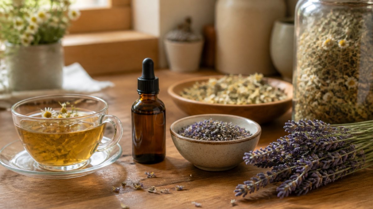 A wooden kitchen counter with a warm cup of chamomile tea, a small glass dropper bottle of herbal tincture, and dried lavender buds in a small ceramic bowl, soft evening light through a window