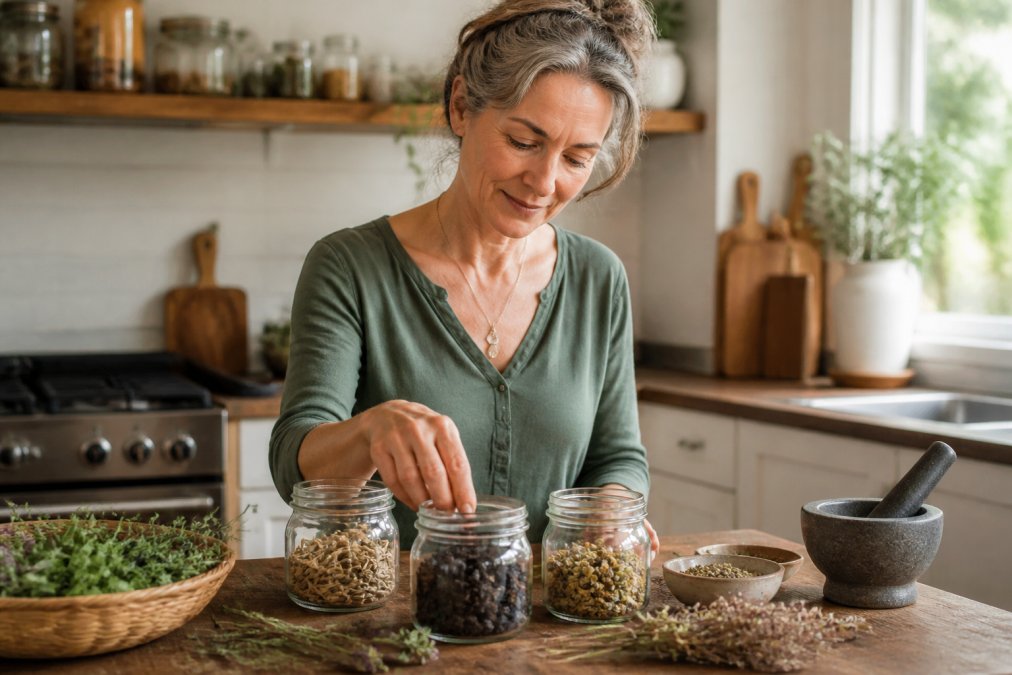 A woman in her 50s standing at a wooden kitchen counter arranging fresh herbs such as ashwagandha root, black cohosh, and dried chamomile in small glass jars, warm natural lighting