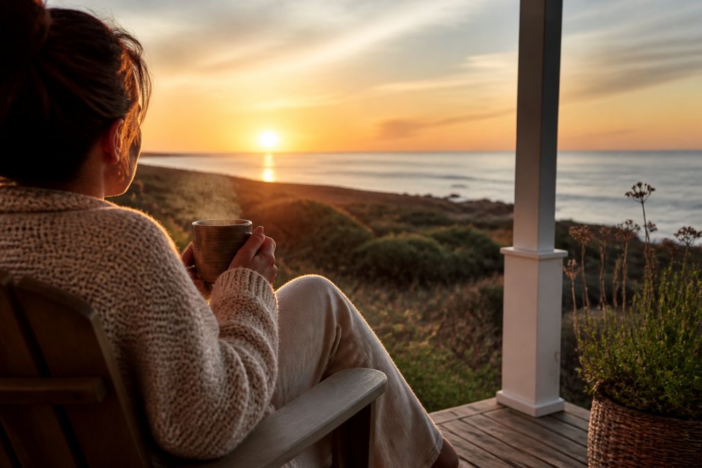 Person holding a warm mug of herbal tea on a scenic porch at sunset