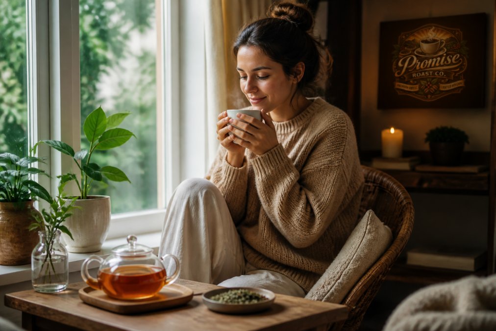 Person holding a warm mug of herbal tea varieties for relaxation while sitting calmly by a sunlit window.