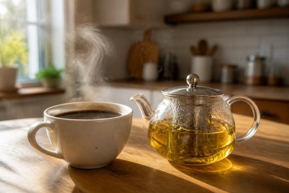 A close-up of a steaming cup of coffee next to a glass teapot with herbal tea, on a wooden kitchen counter with morning light