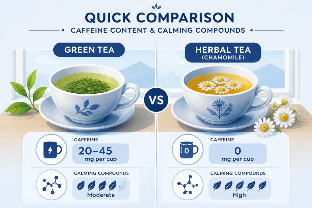 Two ceramic cups side by side on a wooden table, one with bright green tea leaves steeping and one with golden chamomile flowers, soft natural window light