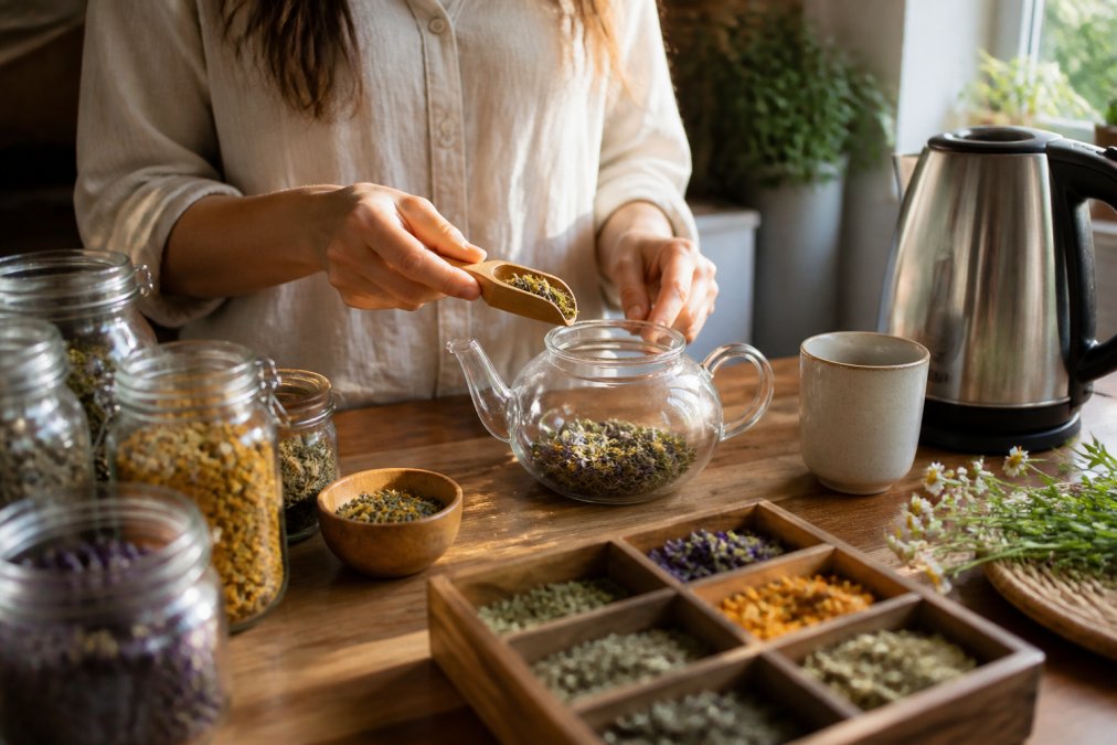 Hands measuring dried herbs into a glass teapot for herbal tea vs supplements blending in a sunny kitchen.