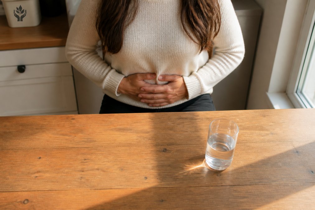 Overhead view of a woman's hands resting on her midsection while sitting at a sunlit kitchen table, a half-full glass of water beside her