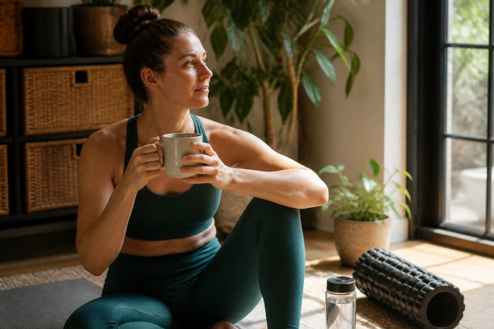 Person holding a warm mug of herbal tea after a workout, wearing athletic wear in a bright home setting with a foam roller and recovery items visible nearby