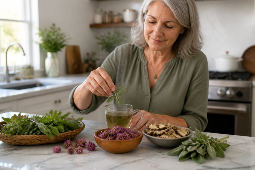 Woman in bright kitchen preparing herbal tea with fresh sage leaves, dried red clover blossoms, and black cohosh root arranged on marble counter with steaming cup