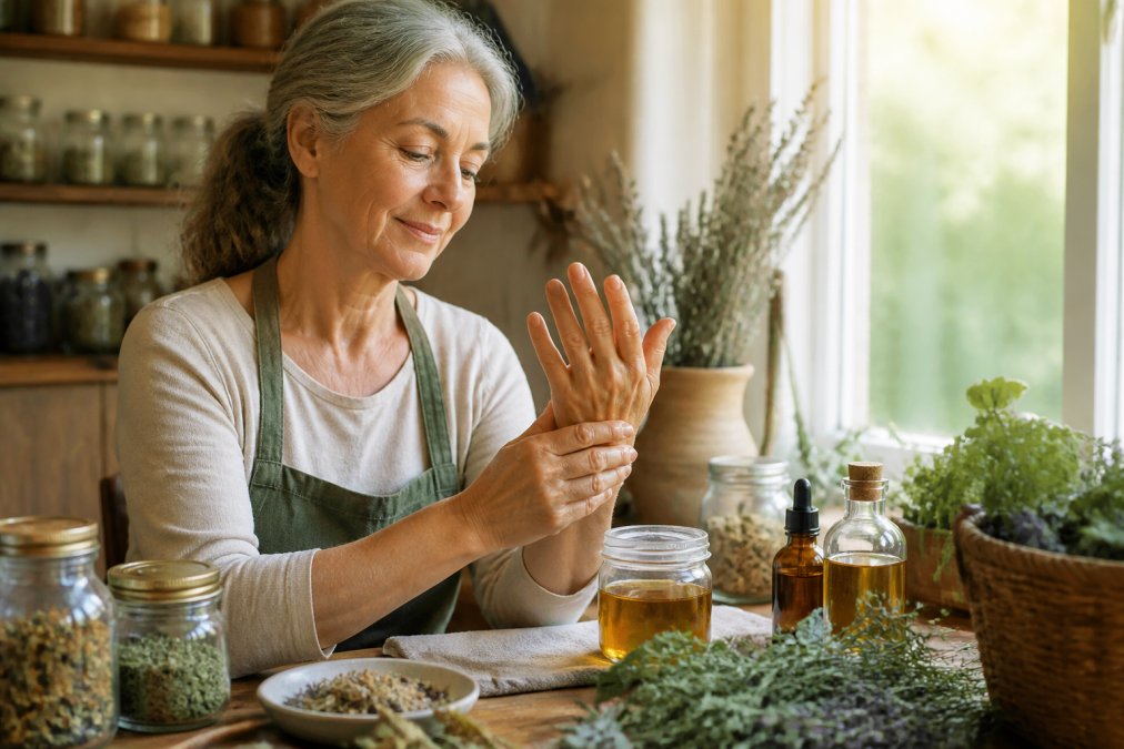 Woman over 50 applying herbal infused oil to her hands and wrists with visible comfort, bright natural window light illuminating her face and the golden oil