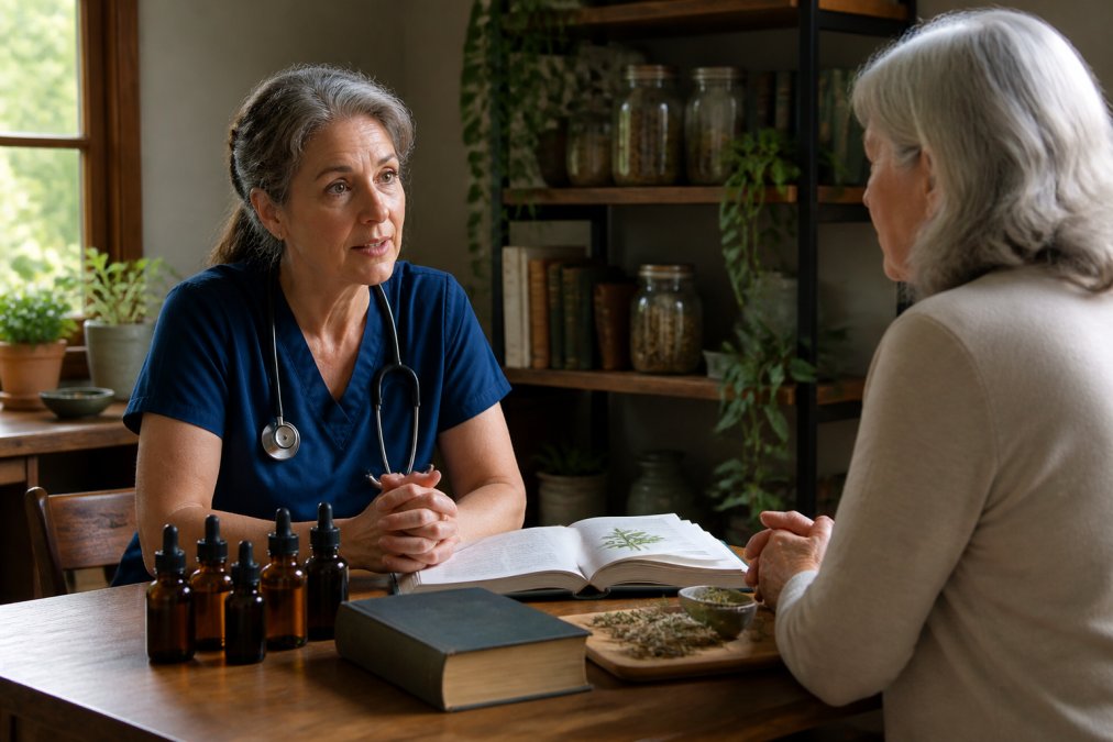 Registered nurse consulting with patient in calm clinic setting with natural lighting, herbal tinctures and medical reference materials visible on wooden desk