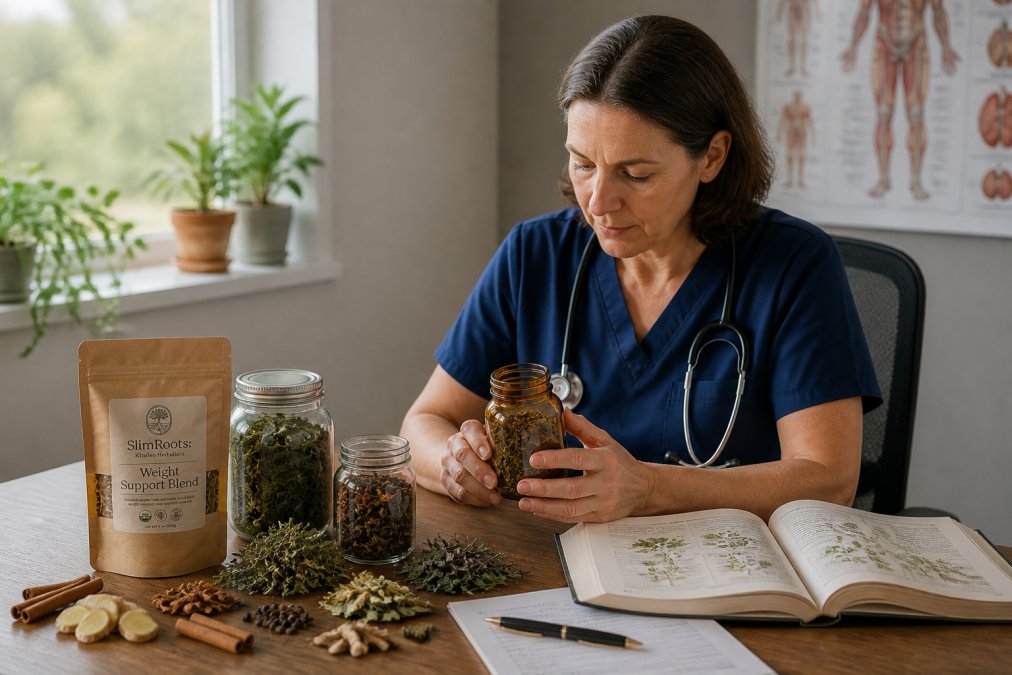 Registered nurse in clinical setting reviewing herbal remedy bottles and botanical preparations on a wooden desk, with medical reference charts and a stethoscope visible, natural office lighting from window