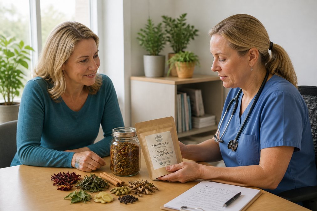 Healthcare professional in bright, welcoming clinical office consulting with patient at desk, reviewing herbal wellness options and health goals together, natural lighting from windows, both seated comfortably