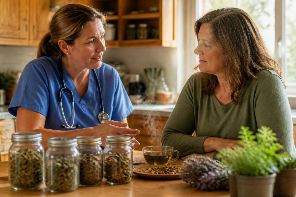 A Registered Nurse in blue scrubs consulting with a middle-aged woman at a wooden kitchen table, surrounded by glass jars of dried herbs and a steaming cup of loose-leaf tea, warm natural light from a window