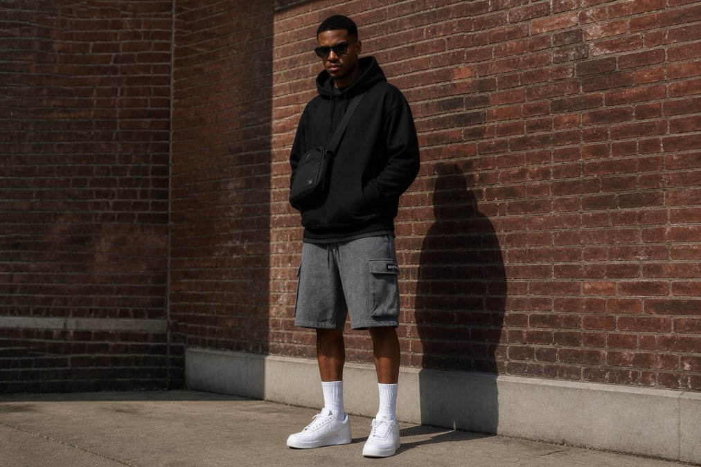 Jonge man in oversized zwarte hoodie, cargo shorts en witte sneakers poseren tegen bakstenen muur in stedelijke omgeving met natuurlijk daglicht