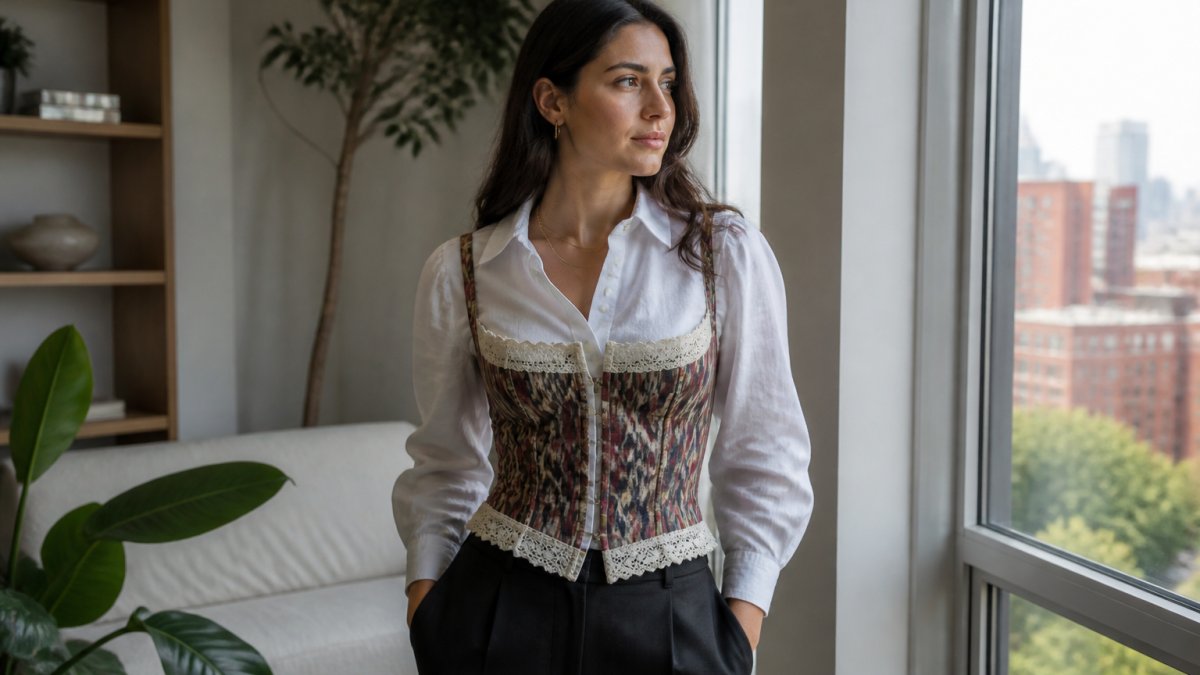 Woman wearing an ikat-patterned corset with vintage atlas lace layered over a crisp white linen blouse, paired with tailored black trousers and minimal gold jewelry, standing in natural daylight by a window in a modern apartment