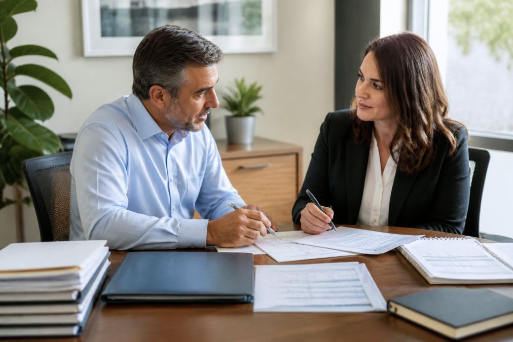 Small business owner reviewing financial documents and discussing strategy with an accountant across a desk in a professional office setting with natural light