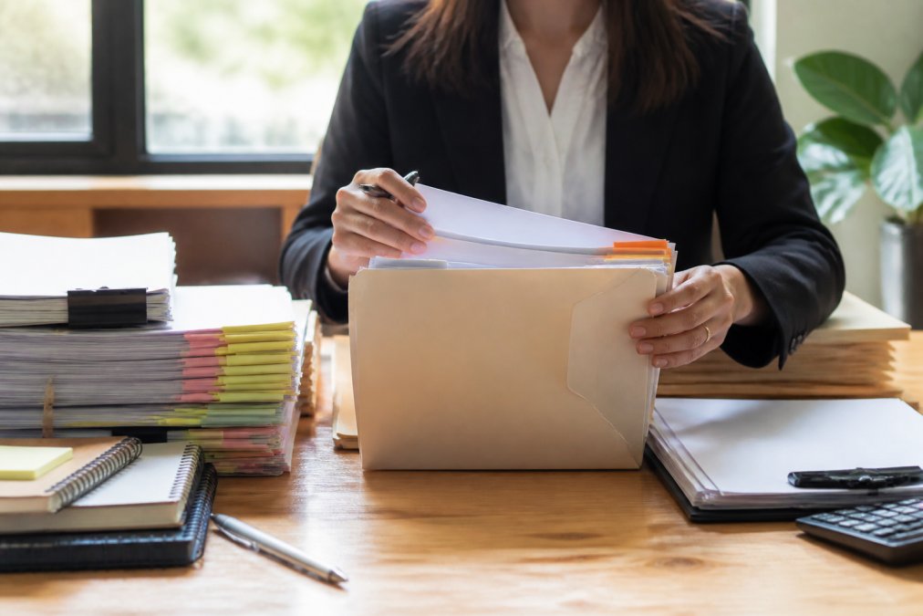 Business professional organizing financial files and records in folders, preparing for a transition to a new accounting firm