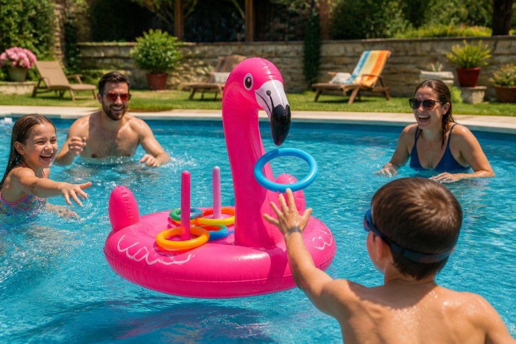 A family playing with an inflatable ring toss game in a backyard pool on a sunny day, bright flamingo colors, kids and adults laughing and splashing water