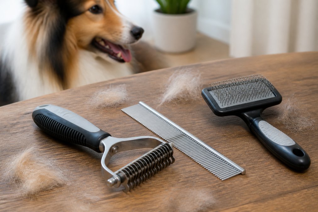 Primer plano de un rastrillo de acero inoxidable con mango ergonómico sobre una mesa de madera junto a un peine metálico y una carda, con pelo de perro suelto alrededor, en un ambiente hogareño luminoso