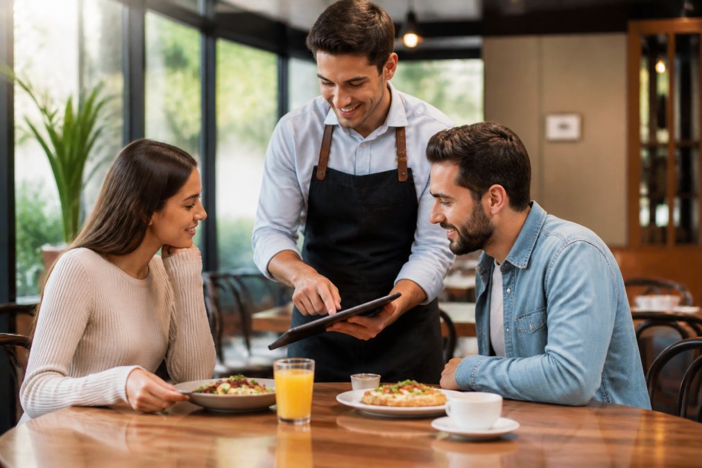 Camarero mostrando un menú digital en tablet a comensales, una de las herramientas digitales para dueños restaurantes.