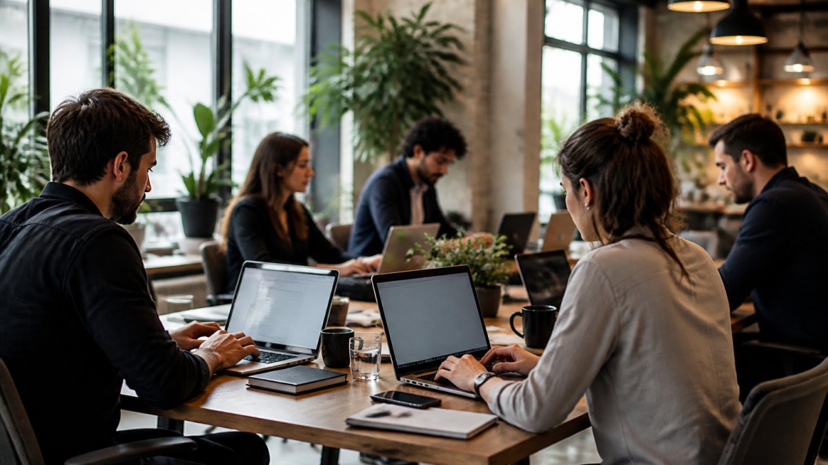 Freelancers usando herramientas no-code para automatizar ventas en un coworking mientras revisan dashboards de leads