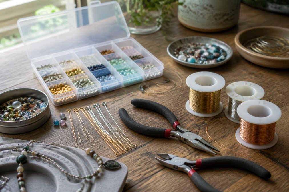 Beginner jewelry-making toolkit laid out on wooden work surface including needle-nose pliers, wire cutters, assorted beads, wire spools, and beading needles with natural window lighting