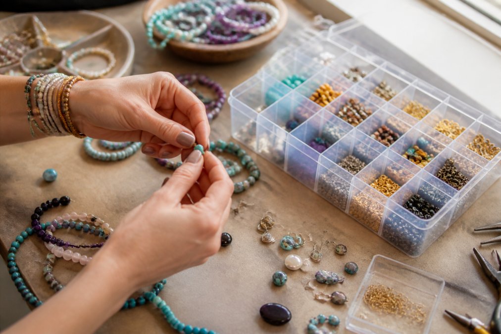 Close-up of hands arranging colorful beads, gemstones, and metal findings on a work surface with organized storage containers in soft natural light