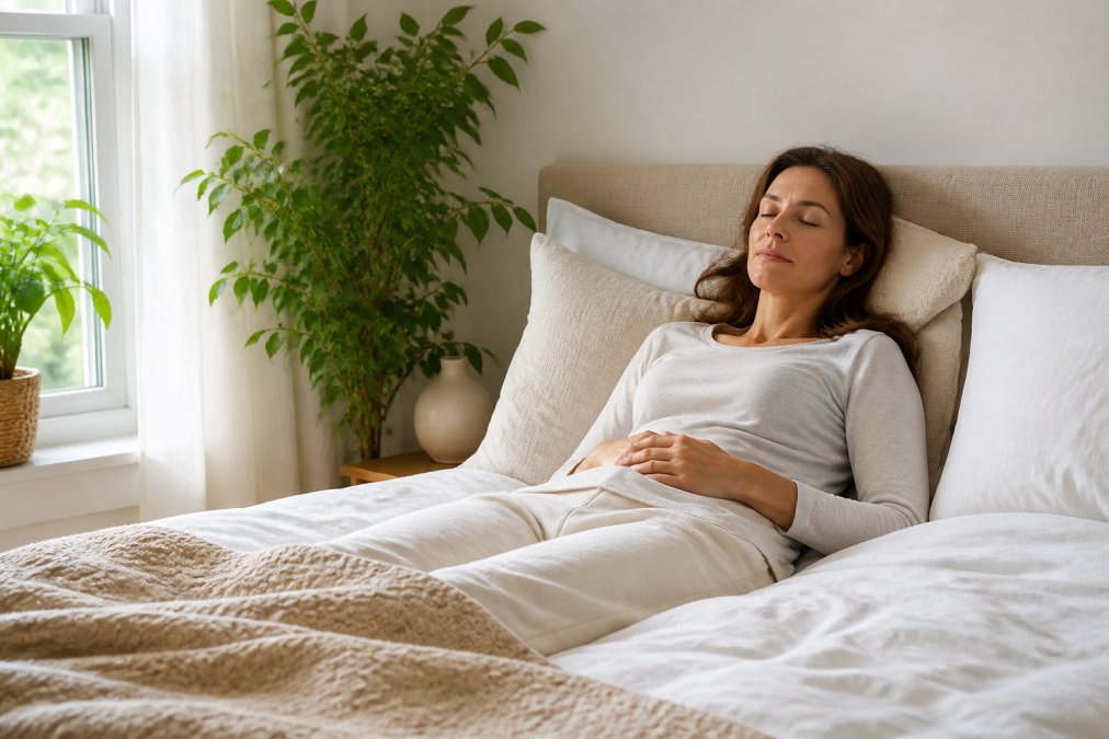 Ontspannen vrouw rustend op een comfortabel bed in een lichte slaapkamer tijdens haar herstel bijnieruitputting proces.