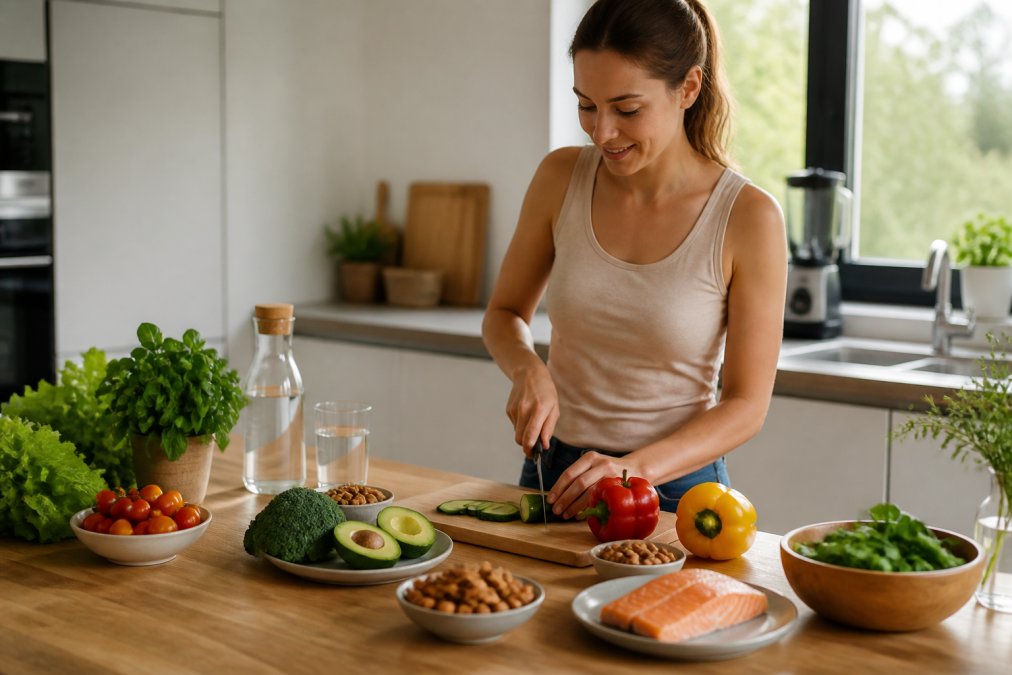 Vrouw bereidt gezonde maaltijd met verse groenten en vis voor herstel bijnieruitputting op een lichte keukenkeukentafel.