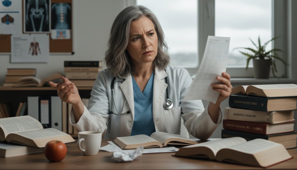 A middle-aged man in his 50s sitting across from a physician in a well-lit clinical office, reviewing printed lab results together with expressions of concern, a model of the human body visible on the shelf behind them