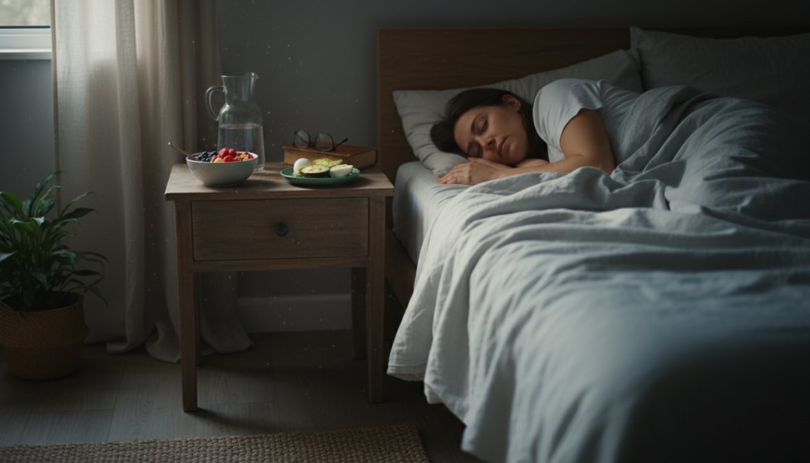A woman in her 40s sleeping peacefully in a calm, dark bedroom, a glass of water and a bowl of almonds on the nightstand beside her, soft natural light from a partially covered window suggesting early morning