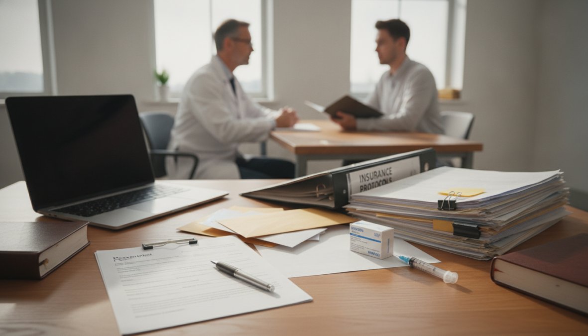 Patient seated across from an endocrinologist in a modern medical office, both reviewing printed lab results and insurance forms on a wooden desk, warm overhead lighting, professional clinical setting