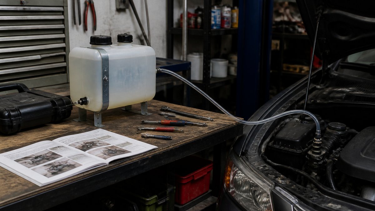Sealed HHO generator container with tubing on a workbench with tools