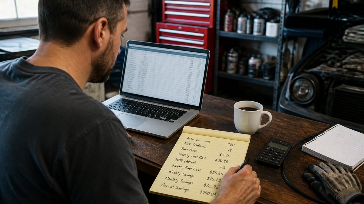 A person at a desk with a laptop open to a calculator, a notepad with handwritten fuel cost figures, and a coffee mug nearby, in a garage office setting