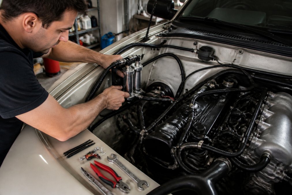 Mechanic mounting an HHO generator as an hhoplus alternative inside a car engine bay in a home garage.