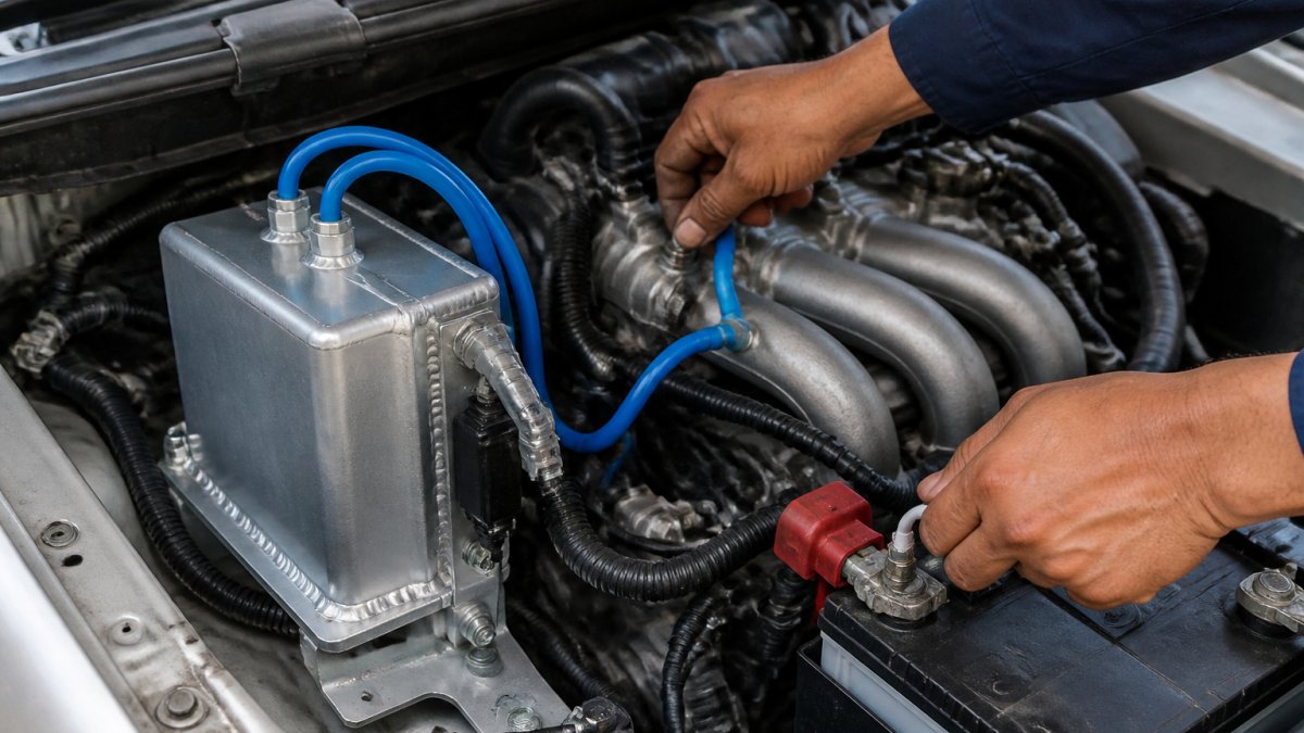 Mechanic's hands installing an HHO generator under an open vehicle hood, connecting blue hoses to the air intake manifold and white electrical terminals to the vehicle's battery, with the generator mounted on custom brackets