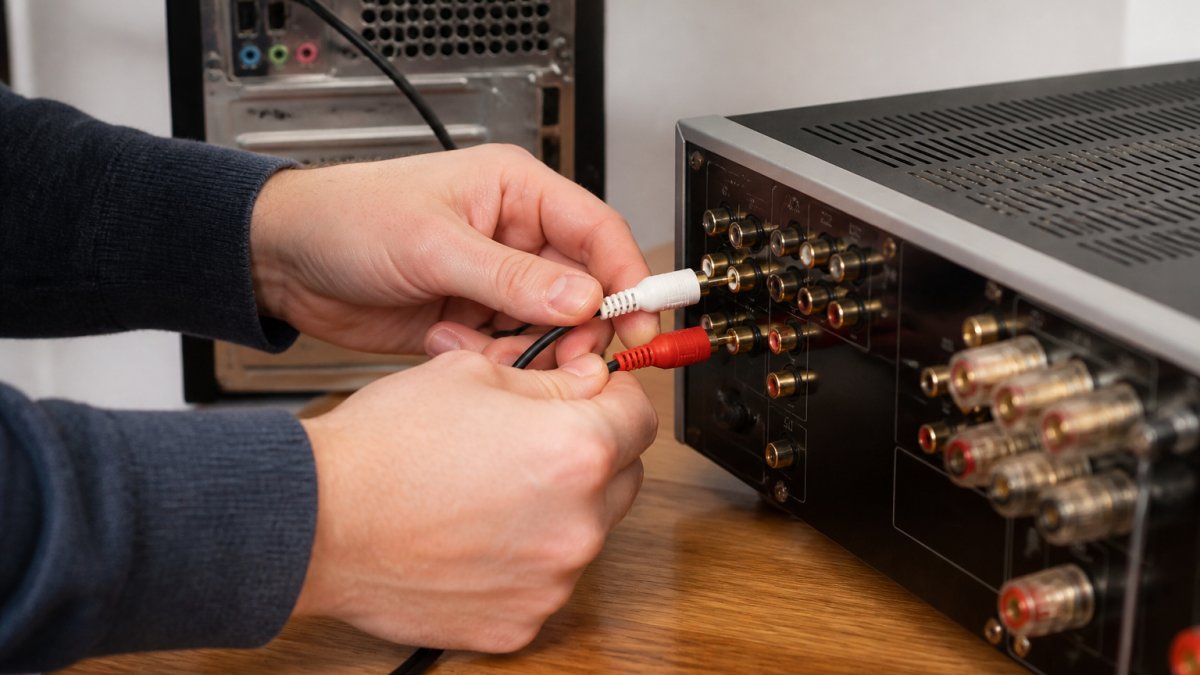 Close-up of hands connecting RCA audio cables from PC audio output jack to integrated amplifier inputs, with cables color-coded red and white, on wooden desk with computer visible in background