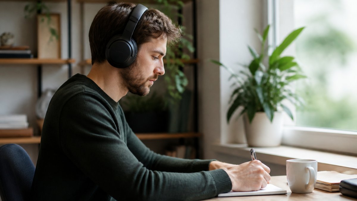 Person som arbeider ved et skrivebord med trådløse hodetelefoner på, med naturlig dagslys fra vindu og rolig arbeidsmiljø