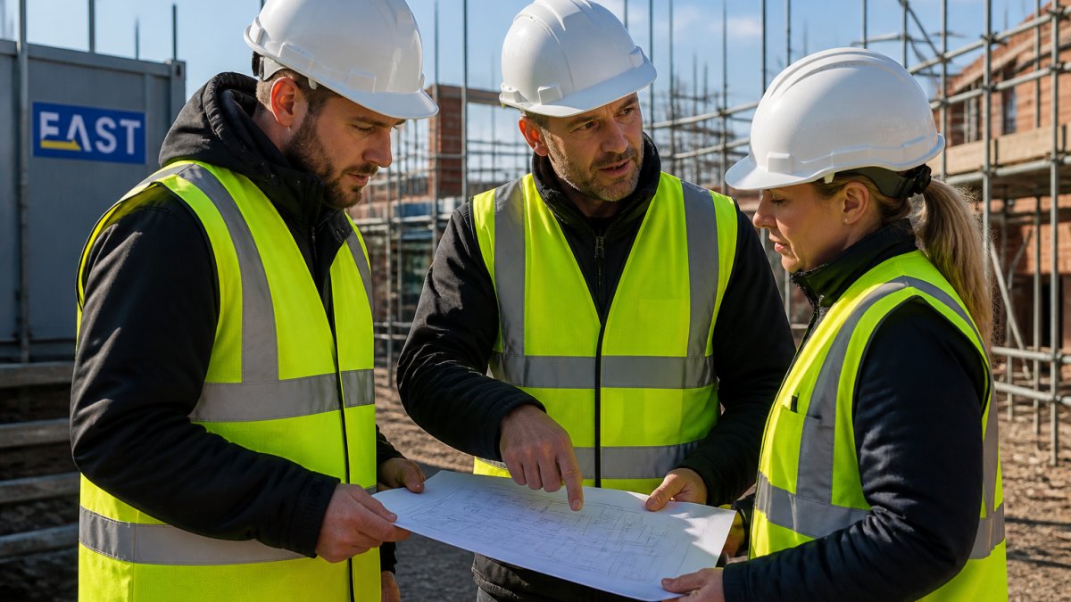 A group of construction workers wearing bright yellow hi vis vests and waistcoats on a building site, reflective tape clearly visible, one worker pointing at plans in daylight