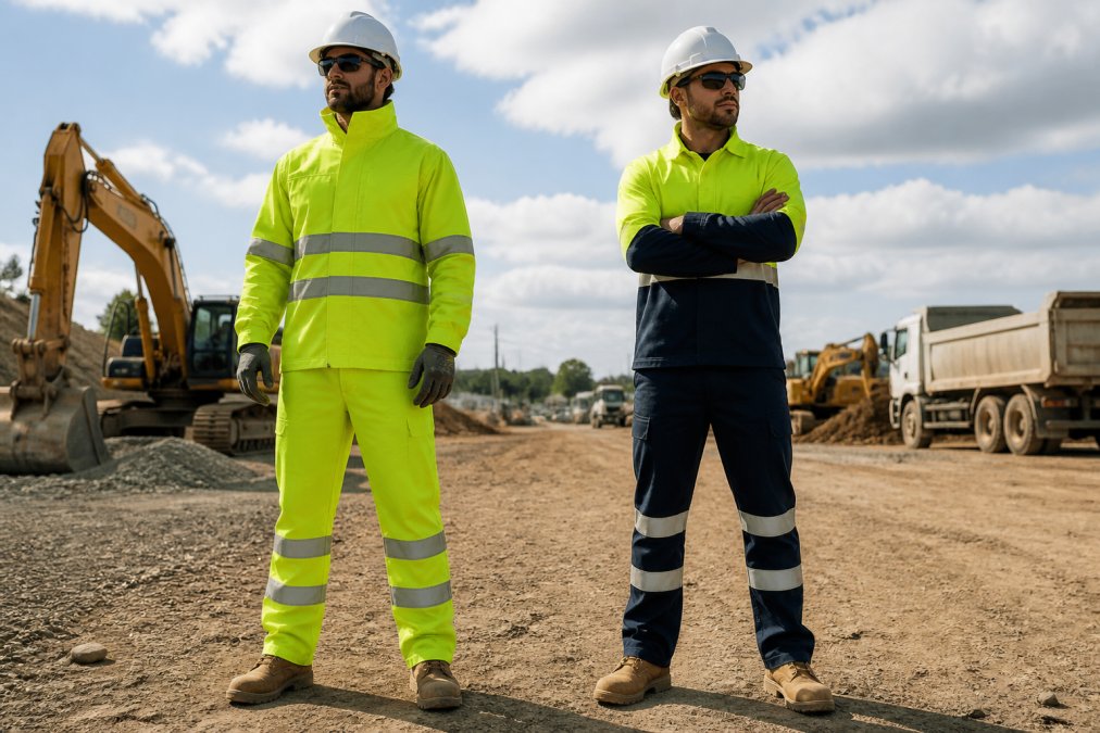 Construction worker wearing hi-vis jacket and pants with visible reflective tape, photographed during daylight on a busy worksite with heavy machinery and vehicles visible in the background