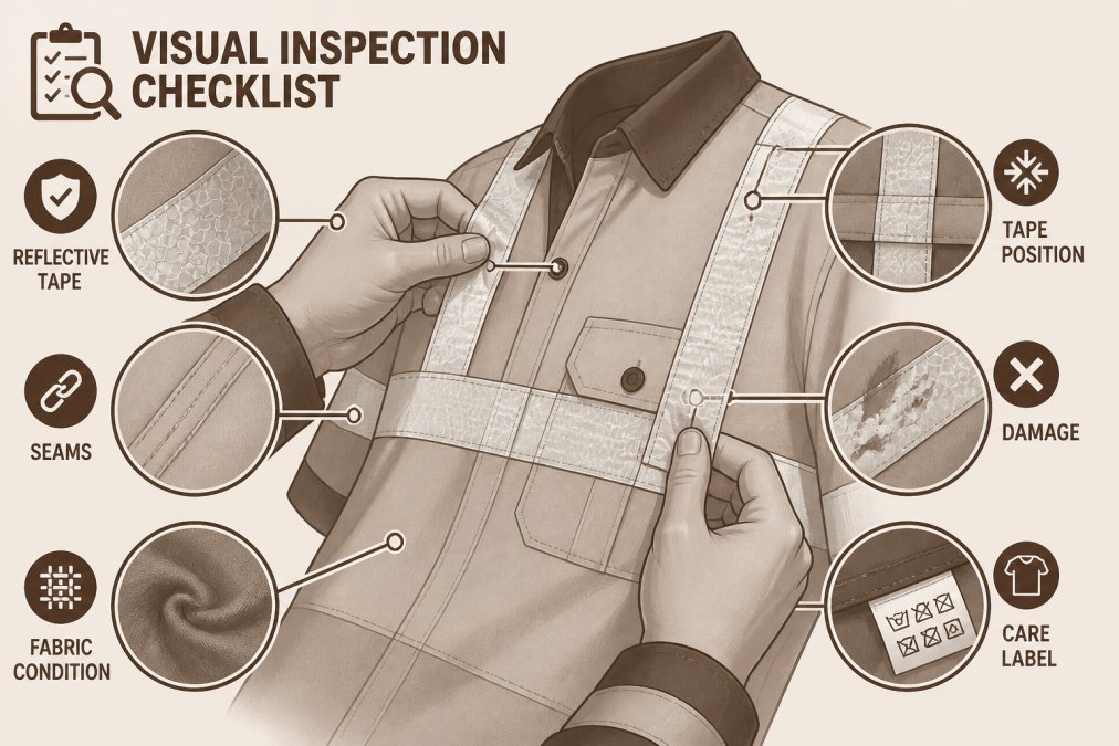 Close-up of hi-vis workwear showing reflective tape detail, seams, and fabric condition being examined by a safety officer's hands under natural lighting