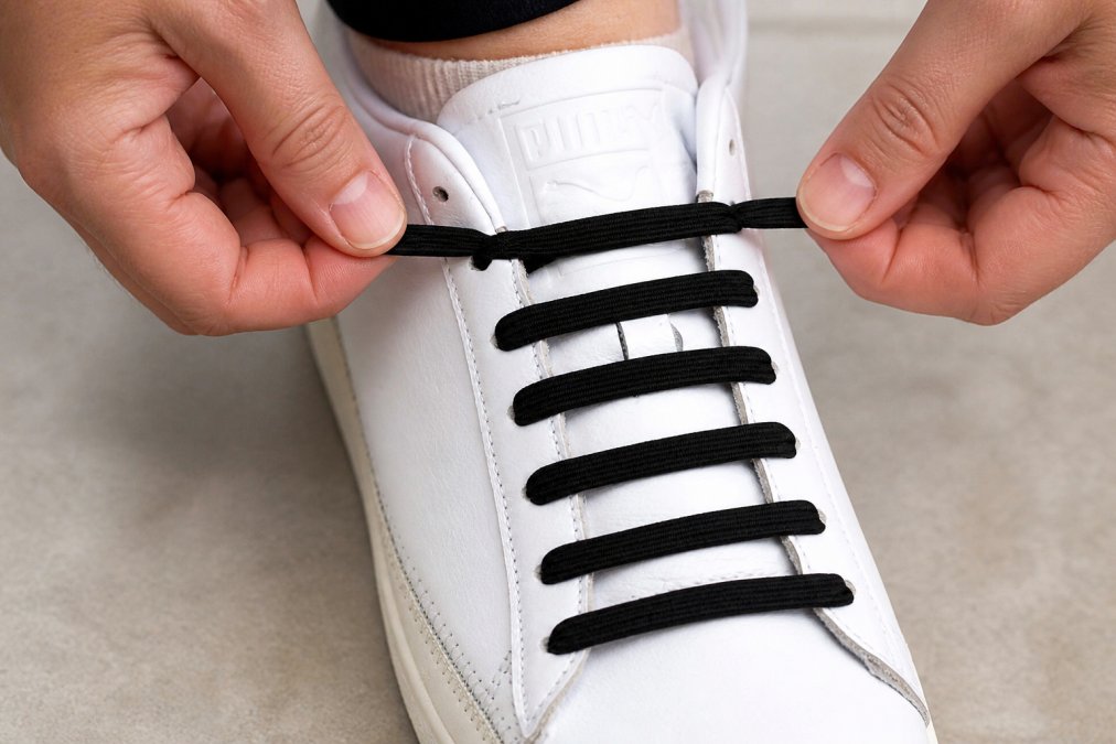 Close-up of hands demonstrating elastic lacing technique on a wide sneaker, showing how to thread laces through eyelets while maintaining even tension distribution across the midfoot and toe box
