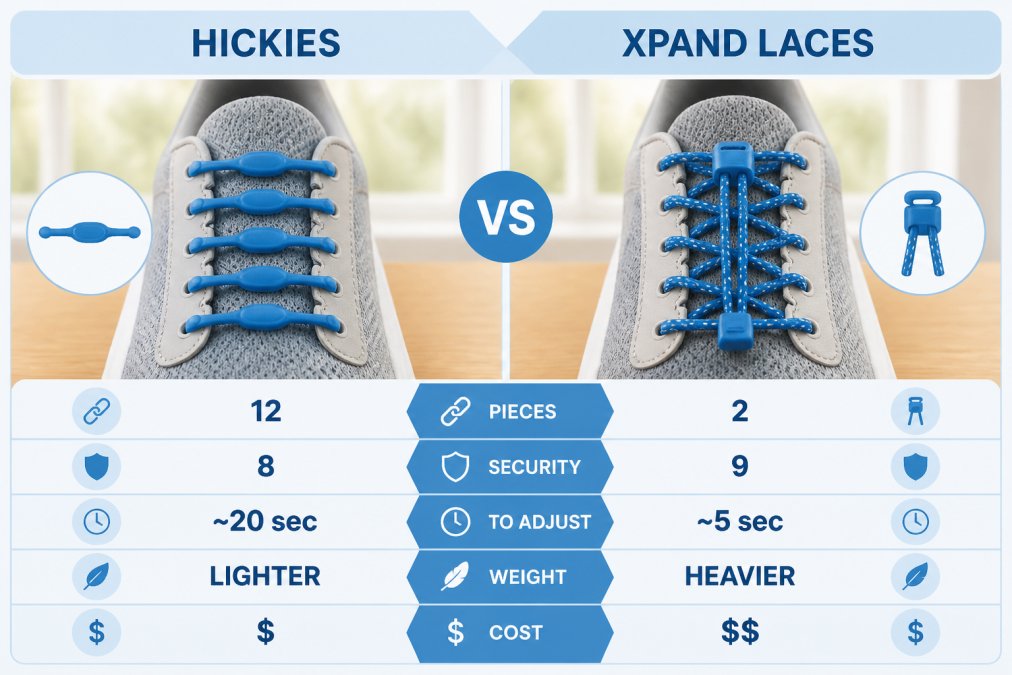 Close-up of two sneakers side by side on a wooden table, one fitted with molded silicone links and the other with braided fabric cords and a small plastic lock, shot in bright natural window light
