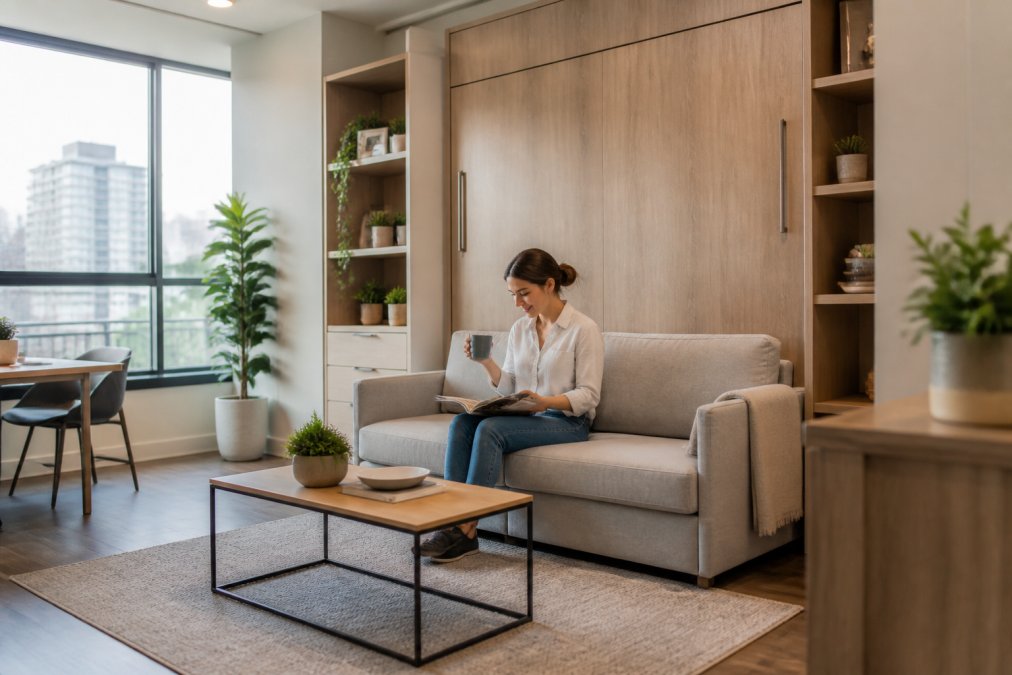 A bright, modern studio apartment in the daytime showing a stylish wall bed folded up to reveal a cosy living area with a sofa and coffee table
