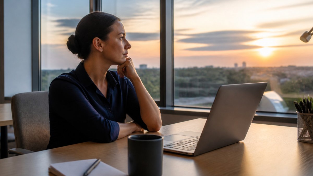 Professional sitting alone at a desk staring out a window during sunset.