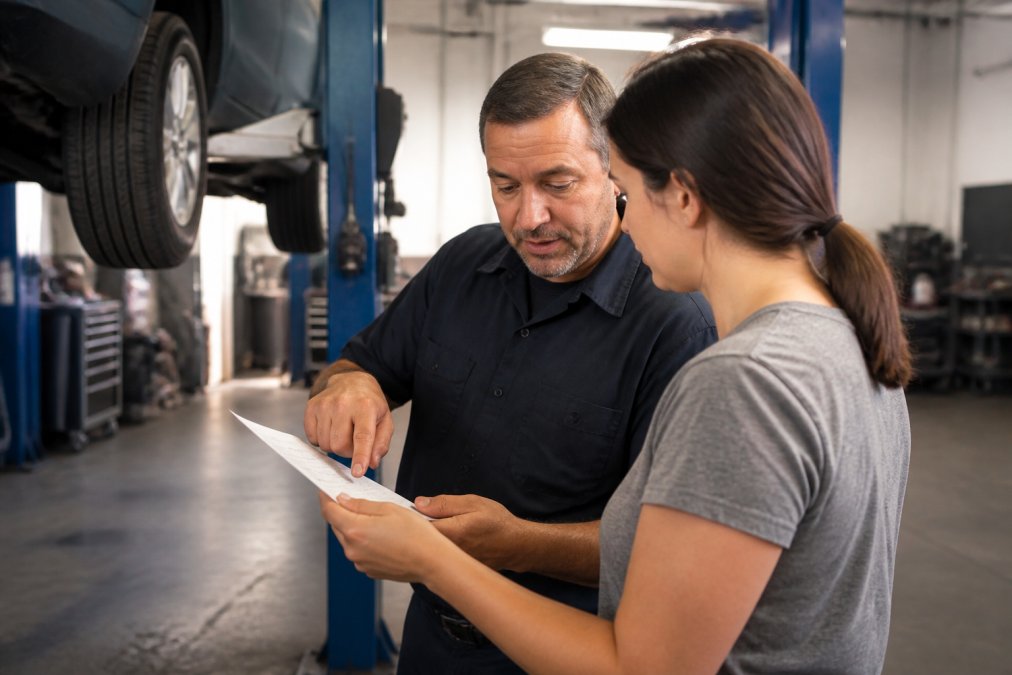 A mechanic in a clean, well-lit workshop pointing to a line item on a printed repair estimate while a customer reads along, both standing near a raised car