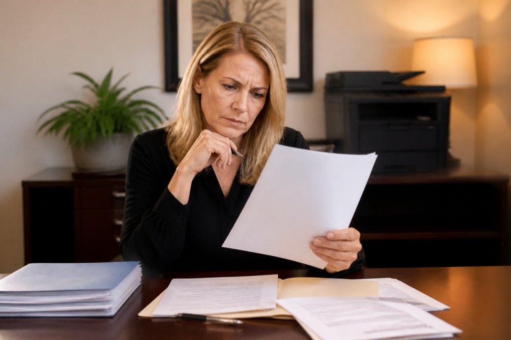 Professional practice manager reviewing contract document at desk with concerned expression, papers and pen visible under warm office lighting