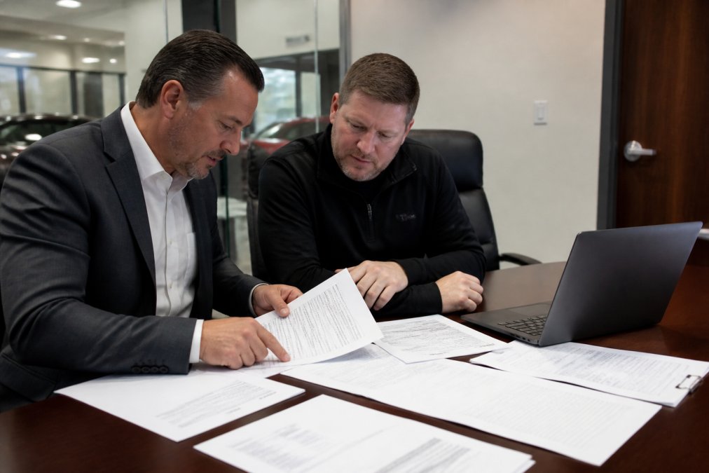Managers reviewing invoices and software dashboards for a dealership technology agreements audit process.