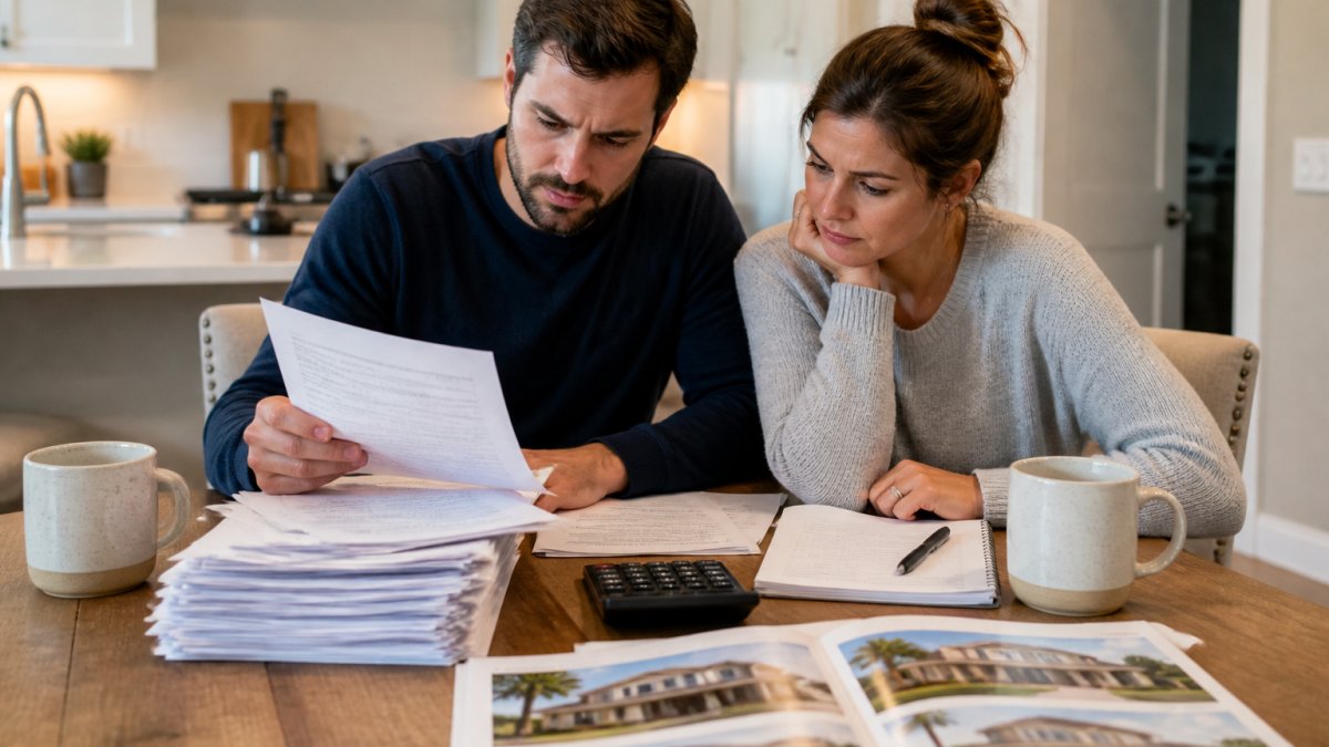 A young couple reviewing a thick stack of paperwork and a calculator at a kitchen table, with a model home brochure and coffee mugs nearby, looking focused and slightly concerned