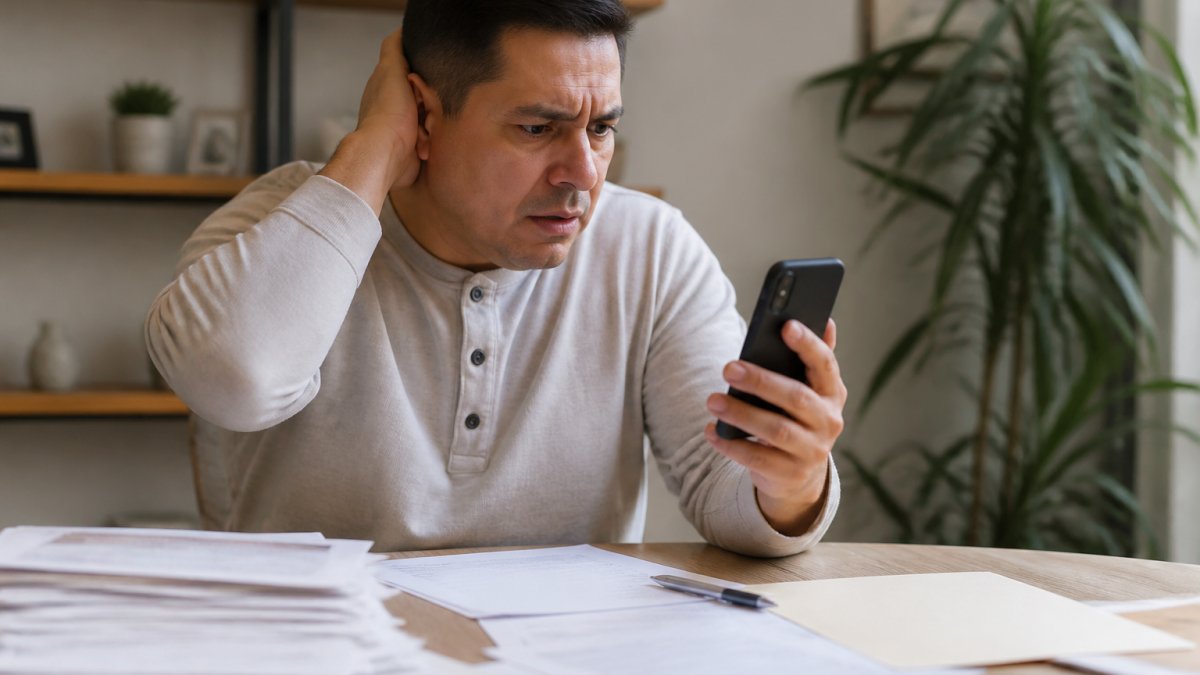 Person holding smartphone displaying suspicious text message with confused expression, sitting at desk with scattered paperwork and documents nearby in natural lighting
